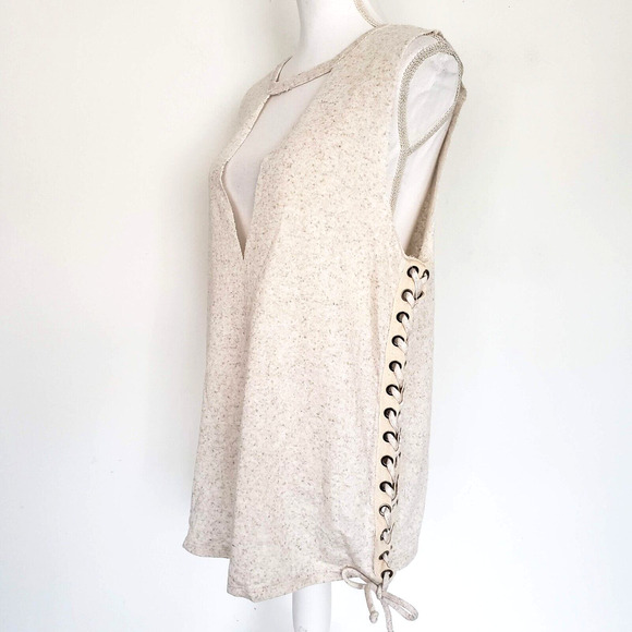 Maronie SIZE S Cream Textured Tunic Tank Top Distressed Lace Up Sides Keyhole - Picture 5 of 14